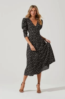 Puff Sleeve V Neck Back Cutout Midi Dress -ASTR the Label Store ADR101215 BLACKMULTIFLORAL 2 scaled