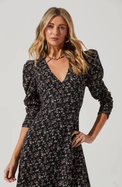 Puff Sleeve V Neck Back Cutout Midi Dress -ASTR the Label Store ADR101215 BLACKMULTIFLORAL 4 scaled