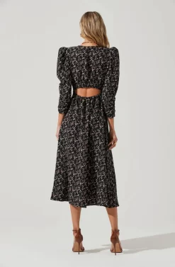 Puff Sleeve V Neck Back Cutout Midi Dress -ASTR the Label Store ADR101215 BLACKMULTIFLORAL 5 scaled