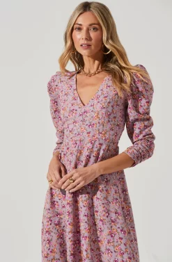 Puff Sleeve V Neck Back Cutout Midi Dress -ASTR the Label Store ADR101215 PURPLE PEACHFLORAL 3 scaled