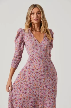 Puff Sleeve V Neck Back Cutout Midi Dress -ASTR the Label Store ADR101215 PURPLE PEACHFLORAL 4 scaled