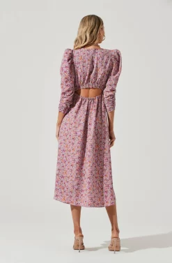 Puff Sleeve V Neck Back Cutout Midi Dress -ASTR the Label Store ADR101215 PURPLE PEACHFLORAL 5 scaled