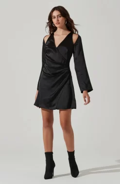 Shoulder Cutout Long Sleeve Satin Mini Dress -ASTR the Label Store ADR101462 BLACK 1 scaled