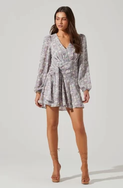 Floral Long Sleeve Side Tie V Neck Mini Dress -ASTR the Label Store ADR101612 PURPLEMULTIFLORAL 2 scaled
