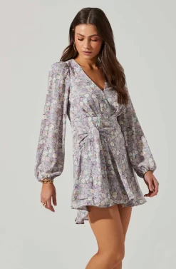 Floral Long Sleeve Side Tie V Neck Mini Dress -ASTR the Label Store ADR101612 PURPLEMULTIFLORAL 3 scaled