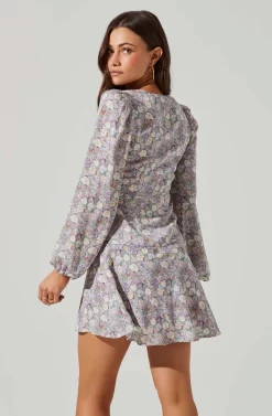 Floral Long Sleeve Side Tie V Neck Mini Dress -ASTR the Label Store ADR101612 PURPLEMULTIFLORAL 5 scaled