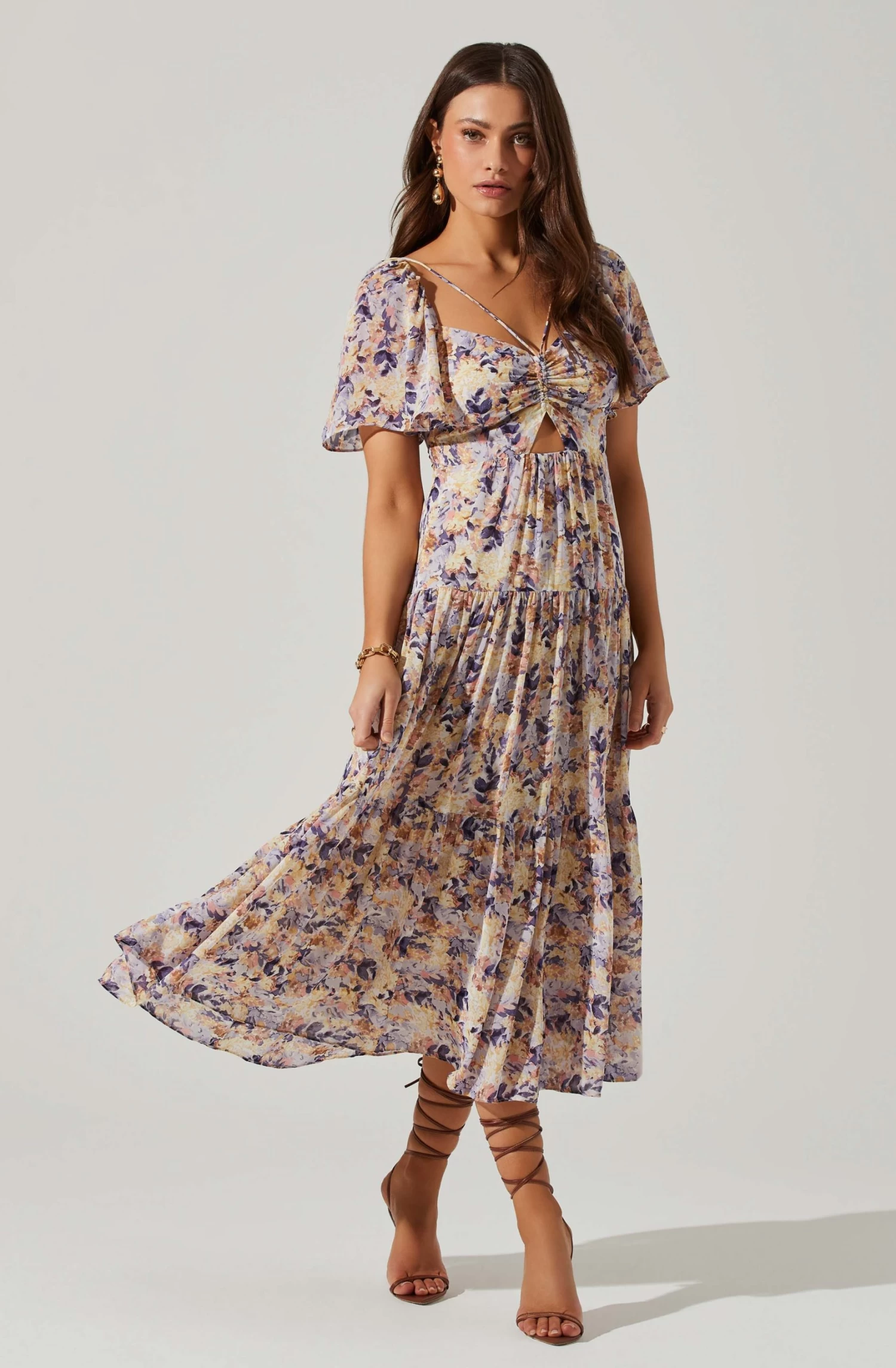Floral Cinched Bust Cutout Center Midi Dress 3 Floral Cinched Bust Cutout Center Midi Dress - Image 3