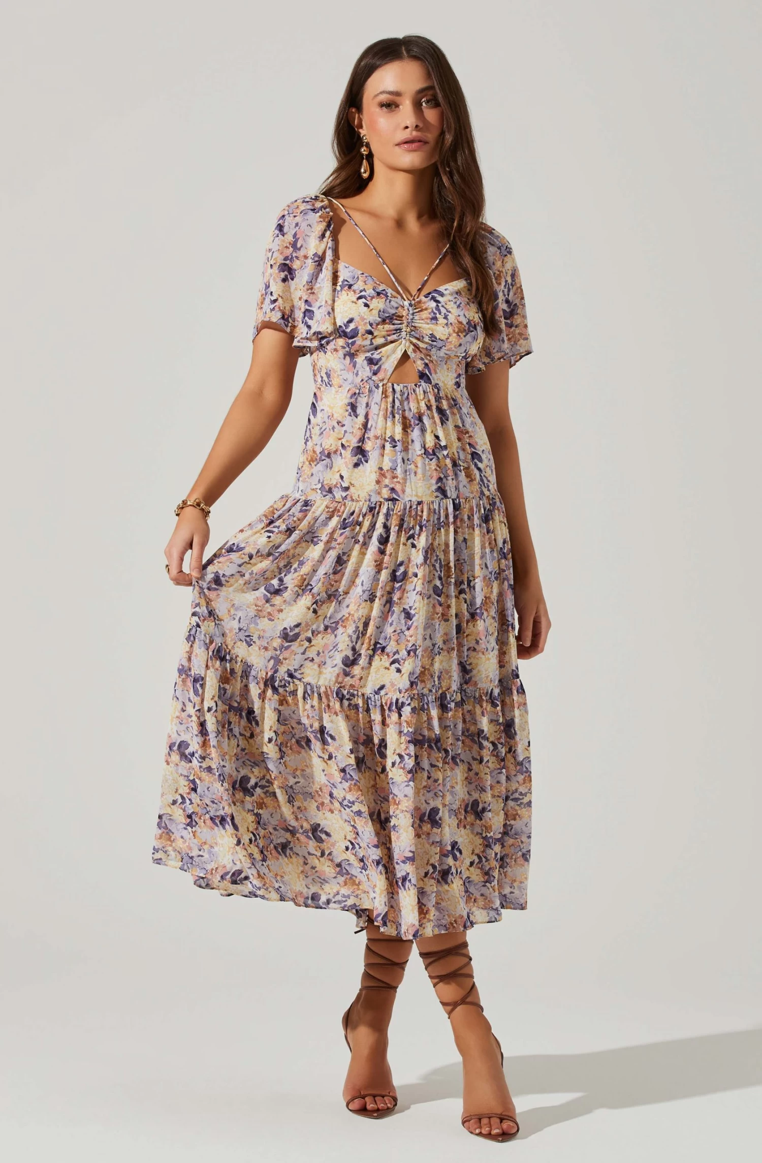 Floral Cinched Bust Cutout Center Midi Dress 1 Floral Cinched Bust Cutout Center Midi Dress