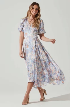 Satin Floral Bubble Sleeve Wrap Midi Dress -ASTR the Label Store ADR101664 BLUEMULTIFLORAL 1 scaled