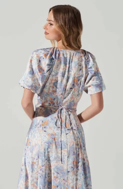Satin Floral Bubble Sleeve Wrap Midi Dress -ASTR the Label Store ADR101664 BLUEMULTIFLORAL 5 scaled