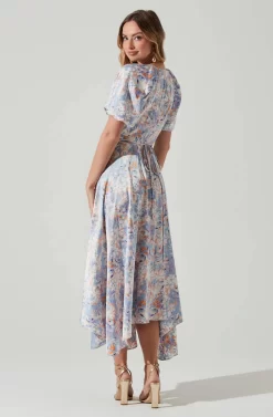 Satin Floral Bubble Sleeve Wrap Midi Dress -ASTR the Label Store ADR101664 BLUEMULTIFLORAL 6 scaled