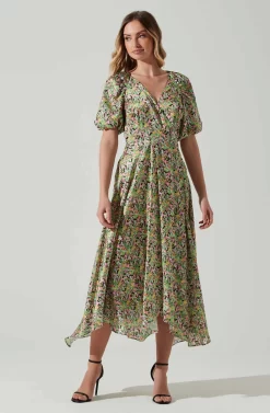 Satin Floral Bubble Sleeve Wrap Midi Dress -ASTR the Label Store ADR101664 PINKGREENMULTI 2 scaled