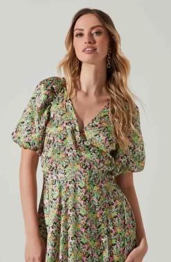 Satin Floral Bubble Sleeve Wrap Midi Dress -ASTR the Label Store ADR101664 PINKGREENMULTI 3 scaled