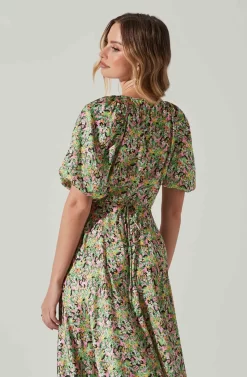 Satin Floral Bubble Sleeve Wrap Midi Dress -ASTR the Label Store ADR101664 PINKGREENMULTI 5 scaled