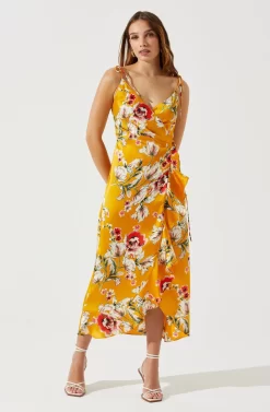 Satin Front Tie Wrap Floral Midi Dress -ASTR the Label Store ADR101683 YELLOWFLORAL 2 scaled