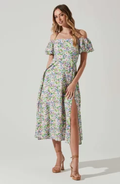 Off Shoulder Puff Sleeve Midi Dress -ASTR the Label Store ADR101706 PURPLEMULTIFLORAL 2 scaled