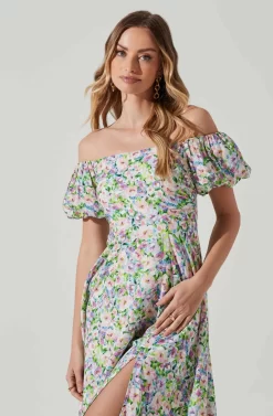 Off Shoulder Puff Sleeve Midi Dress -ASTR the Label Store ADR101706 PURPLEMULTIFLORAL 4 scaled