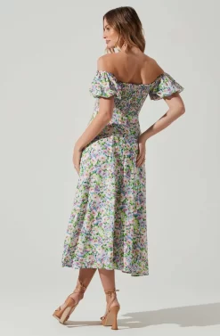 Off Shoulder Puff Sleeve Midi Dress -ASTR the Label Store ADR101706 PURPLEMULTIFLORAL 6 scaled