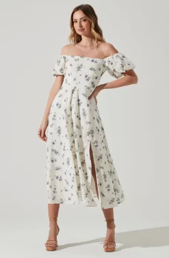 Off Shoulder Puff Sleeve Midi Dress -ASTR the Label Store ADR101706 WHITEBLUEFLORAL 1 scaled