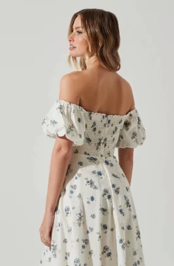 Off Shoulder Puff Sleeve Midi Dress -ASTR the Label Store ADR101706 WHITEBLUEFLORAL 5 scaled