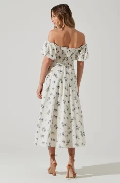 Off Shoulder Puff Sleeve Midi Dress -ASTR the Label Store ADR101706 WHITEBLUEFLORAL 6 scaled