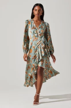 Floral Satin Wrap Long Sleeve Midi Dress -ASTR the Label Store ADR101864 DUSTYBLUEMULTIFRL 3 scaled
