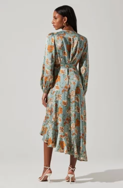 Floral Satin Wrap Long Sleeve Midi Dress -ASTR the Label Store ADR101864 DUSTYBLUEMULTIFRL 6 scaled