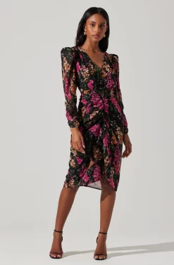 Floral Plunge Ruched Long Sleeve Midi Dress -ASTR the Label Store ADR101911 MAGENTAMULTIFRL 3 scaled