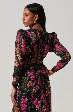 Floral Plunge Ruched Long Sleeve Midi Dress -ASTR the Label Store ADR101911 MAGENTAMULTIFRL 5 scaled