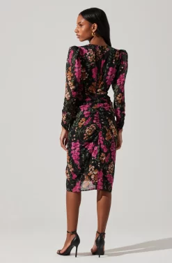 Floral Plunge Ruched Long Sleeve Midi Dress -ASTR the Label Store ADR101911 MAGENTAMULTIFRL 6 scaled