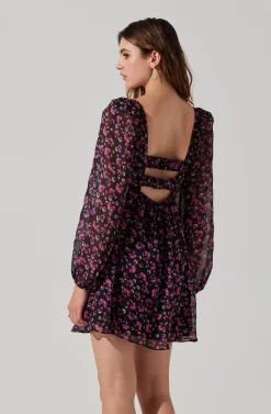 Long Sleeve A-line Mini Dress -ASTR the Label Store ADR101954 FUCHSIABLACKFLORAL 6 scaled