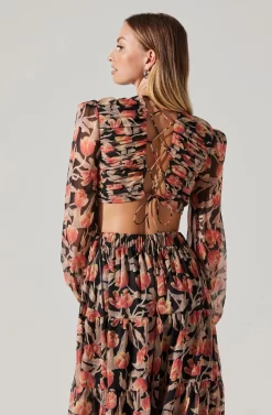 Floral Lace Back Long Sleeve Maxi Dress -ASTR the Label Store ADR102039 ORANGEBLACKFLORAL 2 scaled