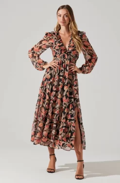 Floral Lace Back Long Sleeve Maxi Dress -ASTR the Label Store ADR102039 ORANGEBLACKFLORAL 6 scaled