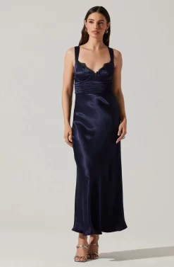 Aeris Satin Lace Trim Maxi Dress -ASTR the Label Store ADR102254 NAVY 1 scaled