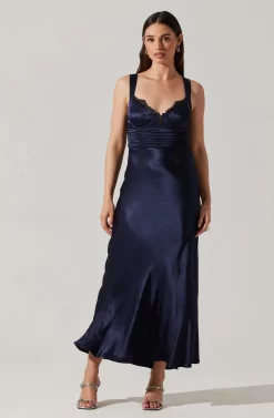 Aeris Satin Lace Trim Maxi Dress -ASTR the Label Store ADR102254 NAVY 2 scaled