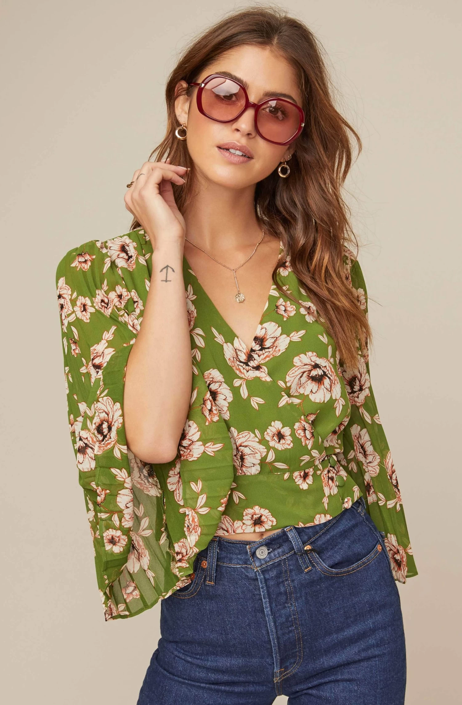 Pleated Sleeve Floral Wrap Top 1 Pleated Sleeve Floral Wrap Top