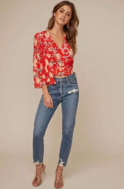 Pleated Sleeve Floral Wrap Top 15 Pleated Sleeve Floral Wrap Top -ASTR the Label Store AT15469 RED PEACH FLORAL 1A scaled