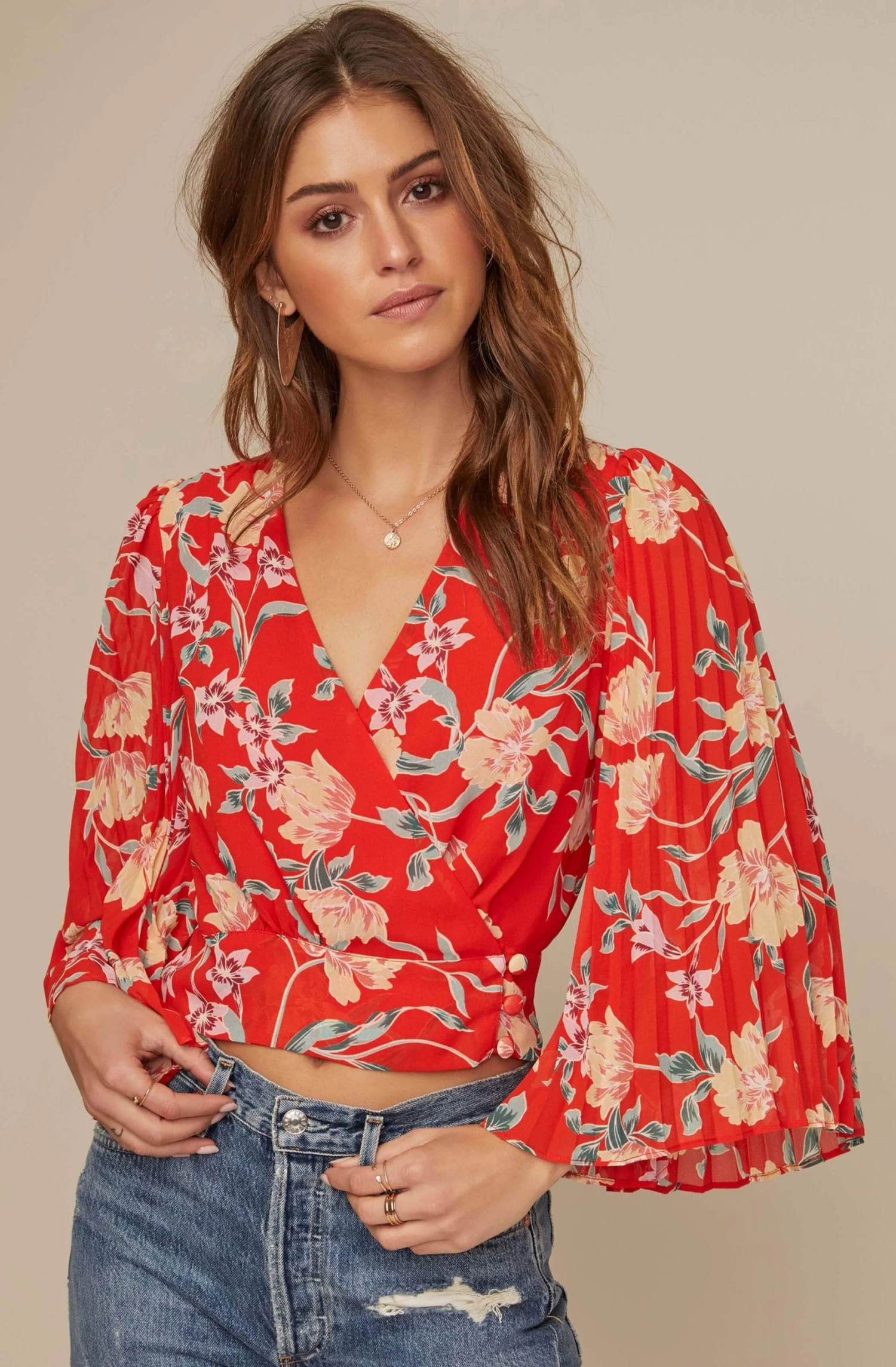 Pleated Sleeve Floral Wrap Top 5 Pleated Sleeve Floral Wrap Top - Image 5