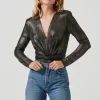 Twist Front Deep V Metallic Bodysuit