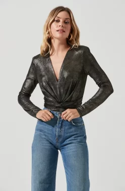 Twist Front Deep V Metallic Bodysuit