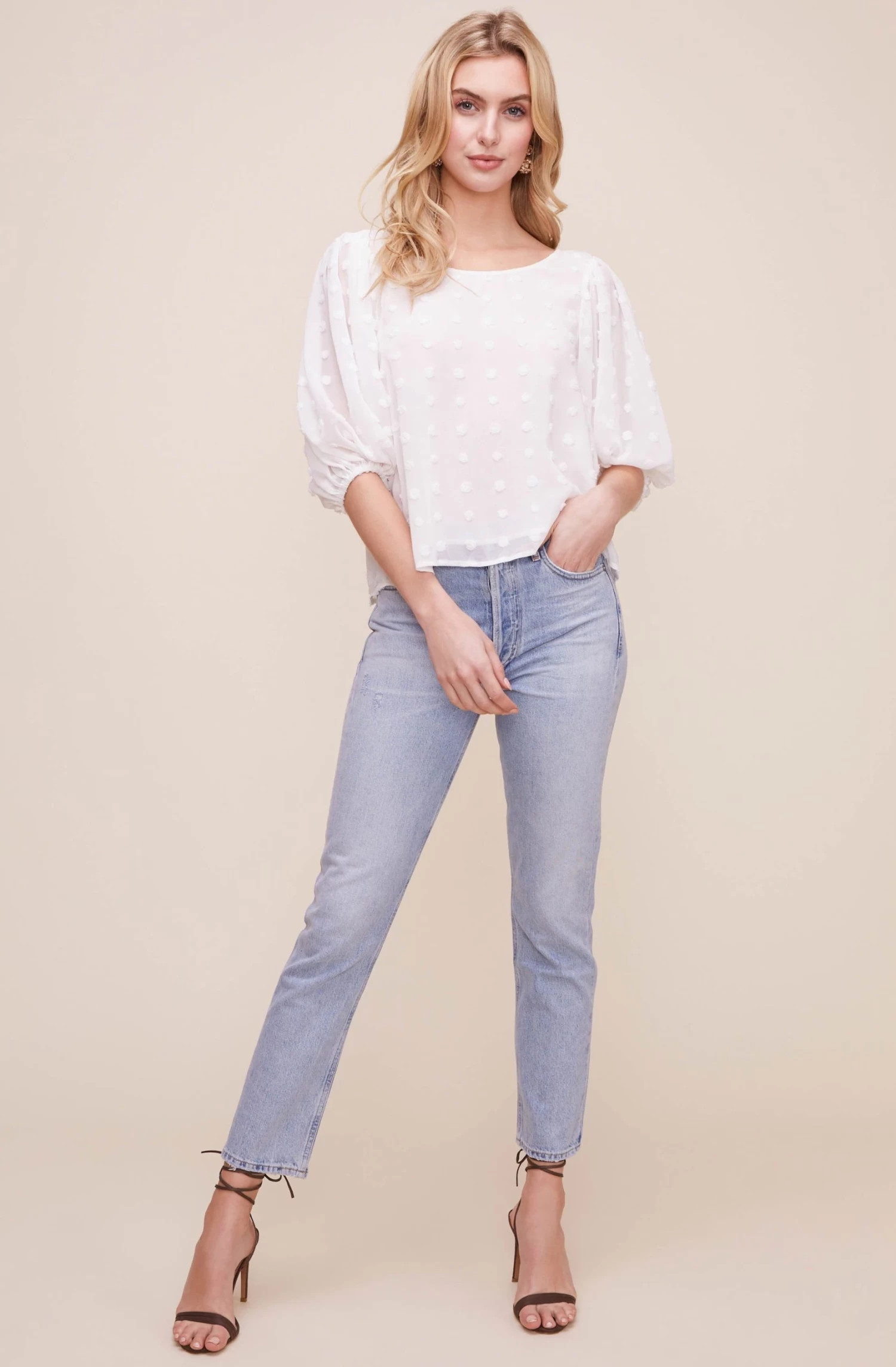 Tie Back Blouson Sleeve Dot Top 4 Tie Back Blouson Sleeve Dot Top - Image 4