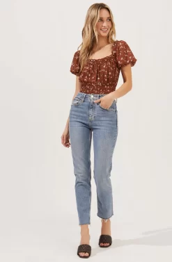 Ruffle Neck Smocked Bodysuit -ASTR the Label Store AT16189 BROWN MULTI DITSY 1 scaled