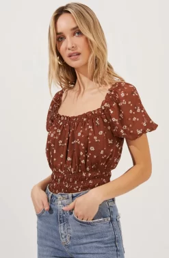 Ruffle Neck Smocked Bodysuit -ASTR the Label Store AT16189 BROWN MULTI DITSY 2 scaled