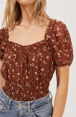 Ruffle Neck Smocked Bodysuit -ASTR the Label Store AT16189 BROWN MULTI DITSY 3 scaled