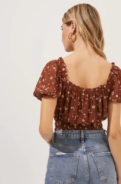 Ruffle Neck Smocked Bodysuit -ASTR the Label Store AT16189 BROWN MULTI DITSY 5 scaled