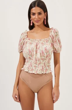 Ruffle Neck Smocked Bodysuit -ASTR the Label Store AT16189 CREAM BLUSHFLORAL 6 scaled