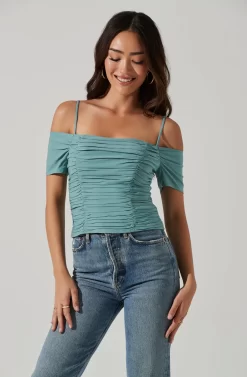 Ruched Off Shoulder Top -ASTR the Label Store AT16814B DARKSAGE 0485 scaled