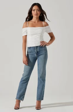 Ruched Off Shoulder Top -ASTR the Label Store AT16814B WHITE 0454 scaled