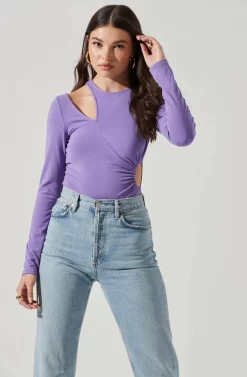 Long Sleeve Asymmetrical Cutout Bodysuit -ASTR the Label Store AT17201 ELECTRICPURPLE 3 scaled