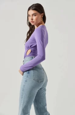 Long Sleeve Asymmetrical Cutout Bodysuit -ASTR the Label Store AT17201 ELECTRICPURPLE 5 scaled